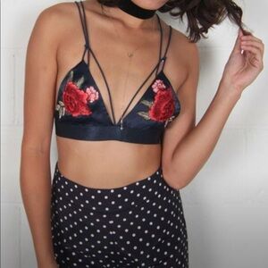 Embroidered rose silk bra